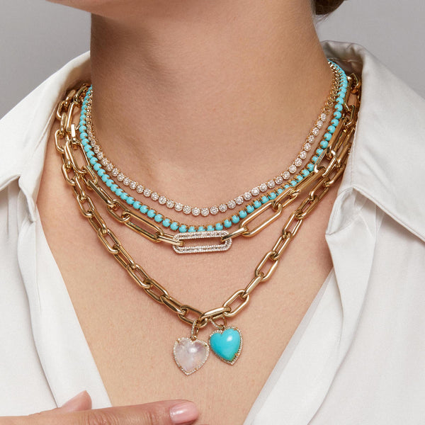 14KT Yellow Gold Turquoise Diamond Heart Charm Pendant with Diamond Clip on Bail