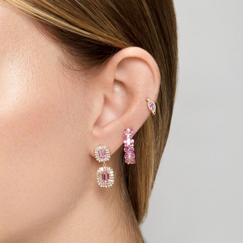 14KT Yellow Gold Pink Sapphire Diamond Marquis Huggie Earrings