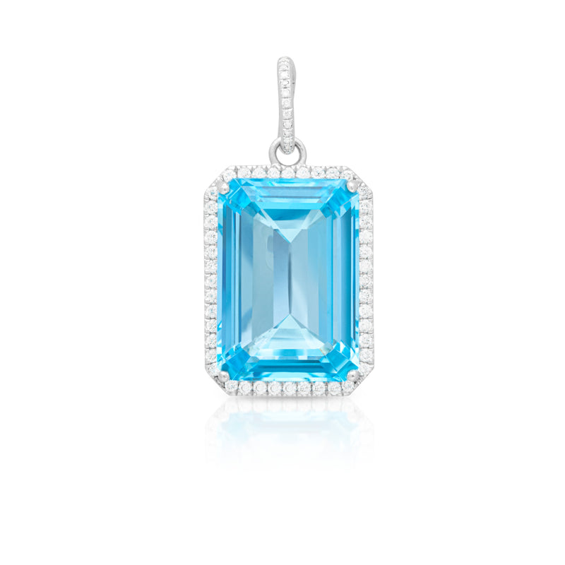 18KT White Gold Diamond Blue Topaz Luxe Jolly Charm Pendant with Diamond Clip on Bail