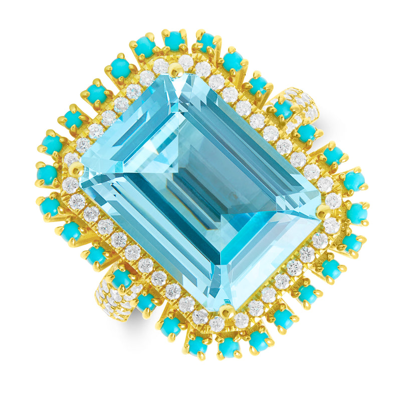 18KT Yellow Gold Blue Topaz Turquoise Diamond Luxe Olympia Ring