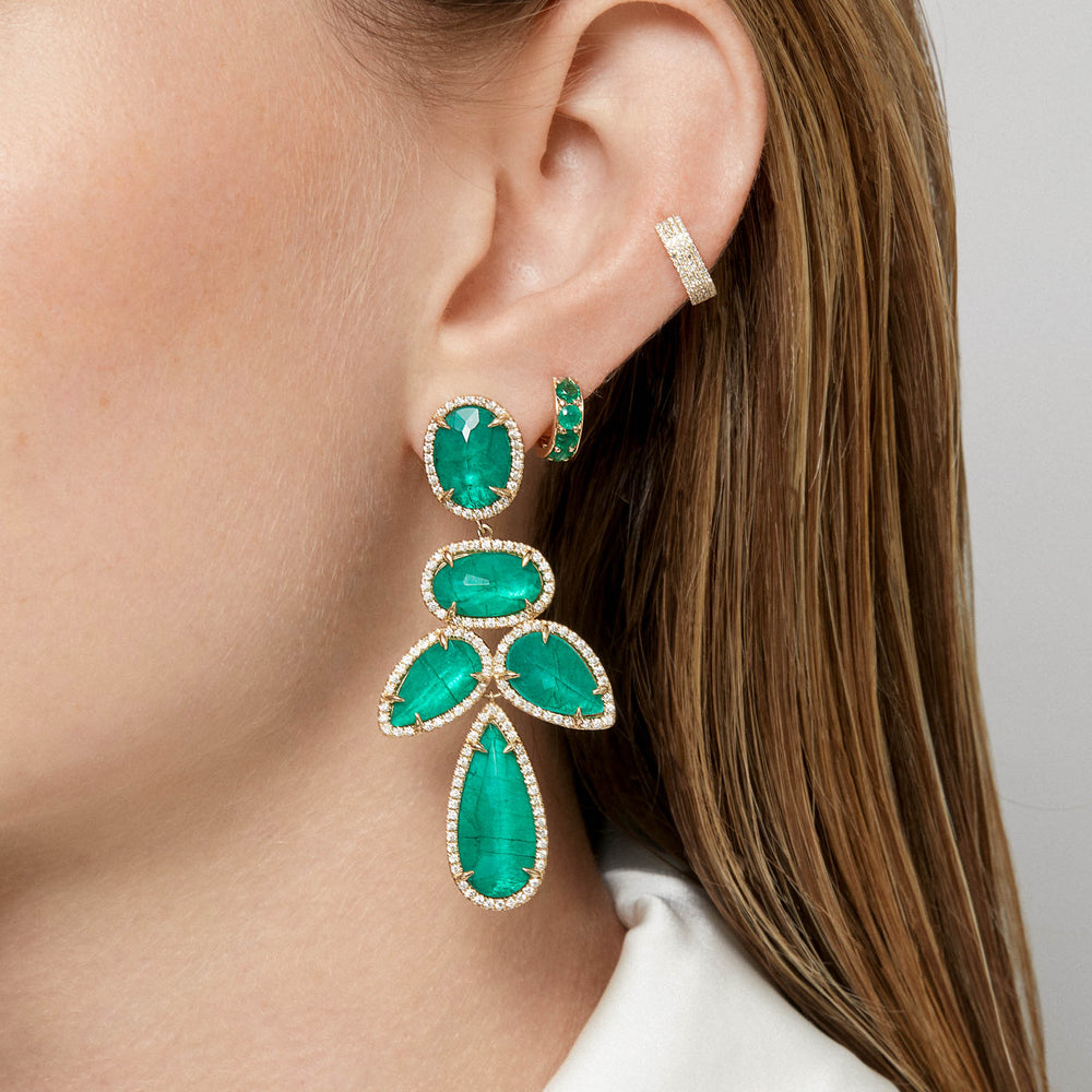 Model wearing 14KT Yellow Gold Emerald Triplet Diamond Bellissima Chandelier Earrings