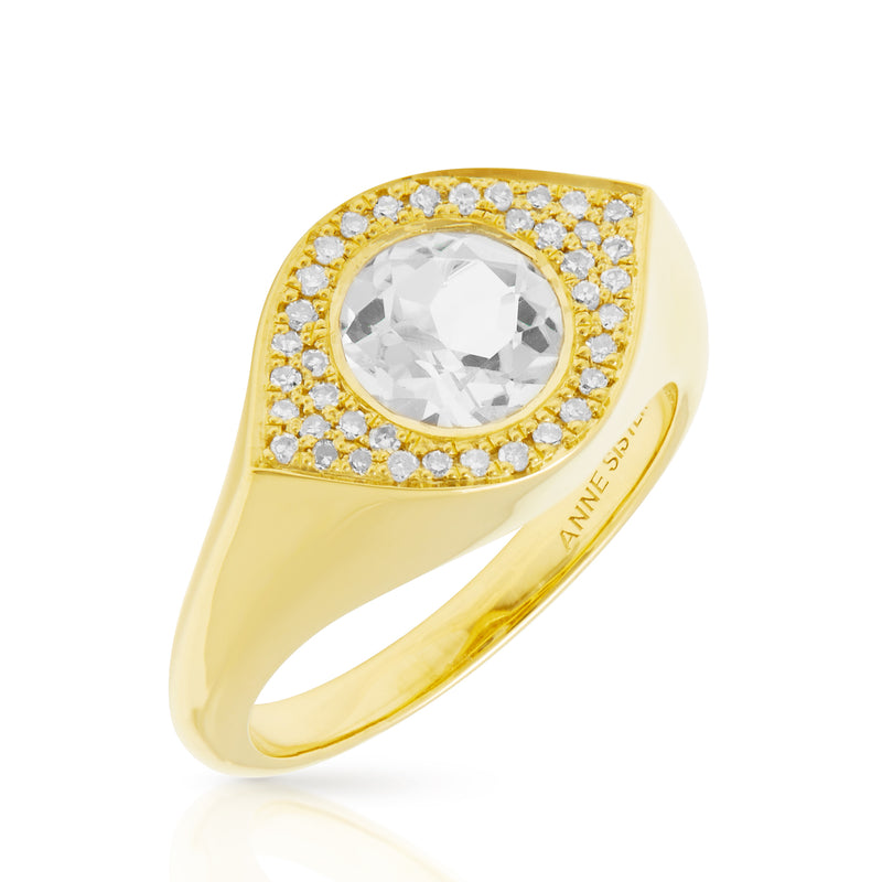 14KT Yellow Gold Topaz Diamond Evil Eye Signet Ring