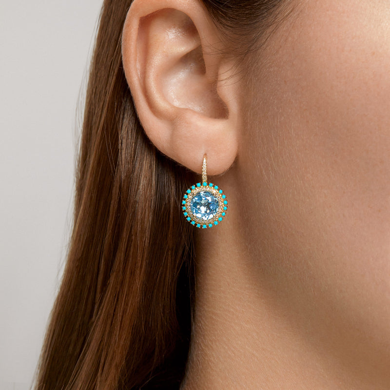 14KT Yellow Gold Blue Topaz Turquoise Diamond Round Kai Earrings