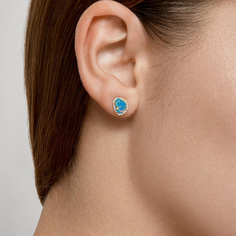 14KT Yellow Gold Small Organic Opal Diamond Stud Earrings