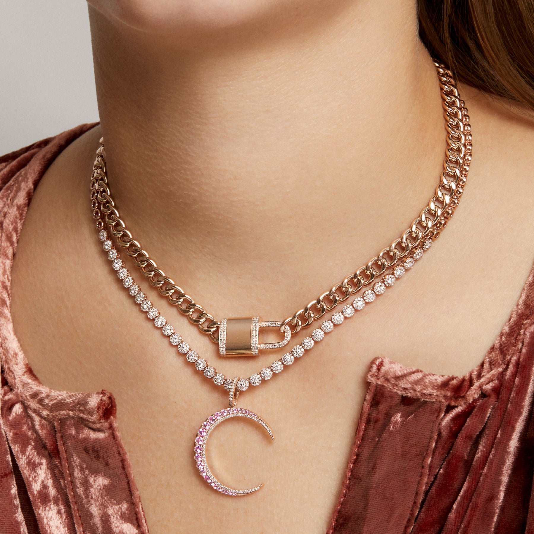 Model wearing 14KT Rose Gold Pink Sapphire Diamond Lunar Charm Pendant with Diamond Clip On Bail