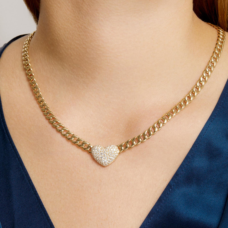 14KT Yellow Gold Diamond Princess Heart Chain Link Necklace