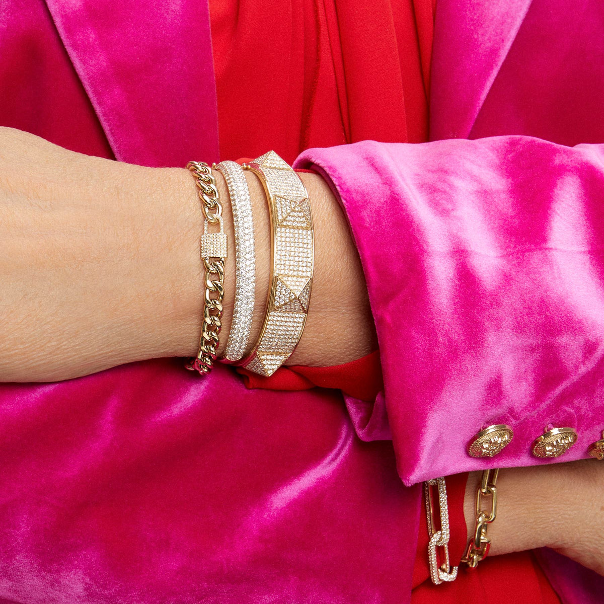 Model wearing 14KT Yellow Gold Diamond Lovelock Bracelet