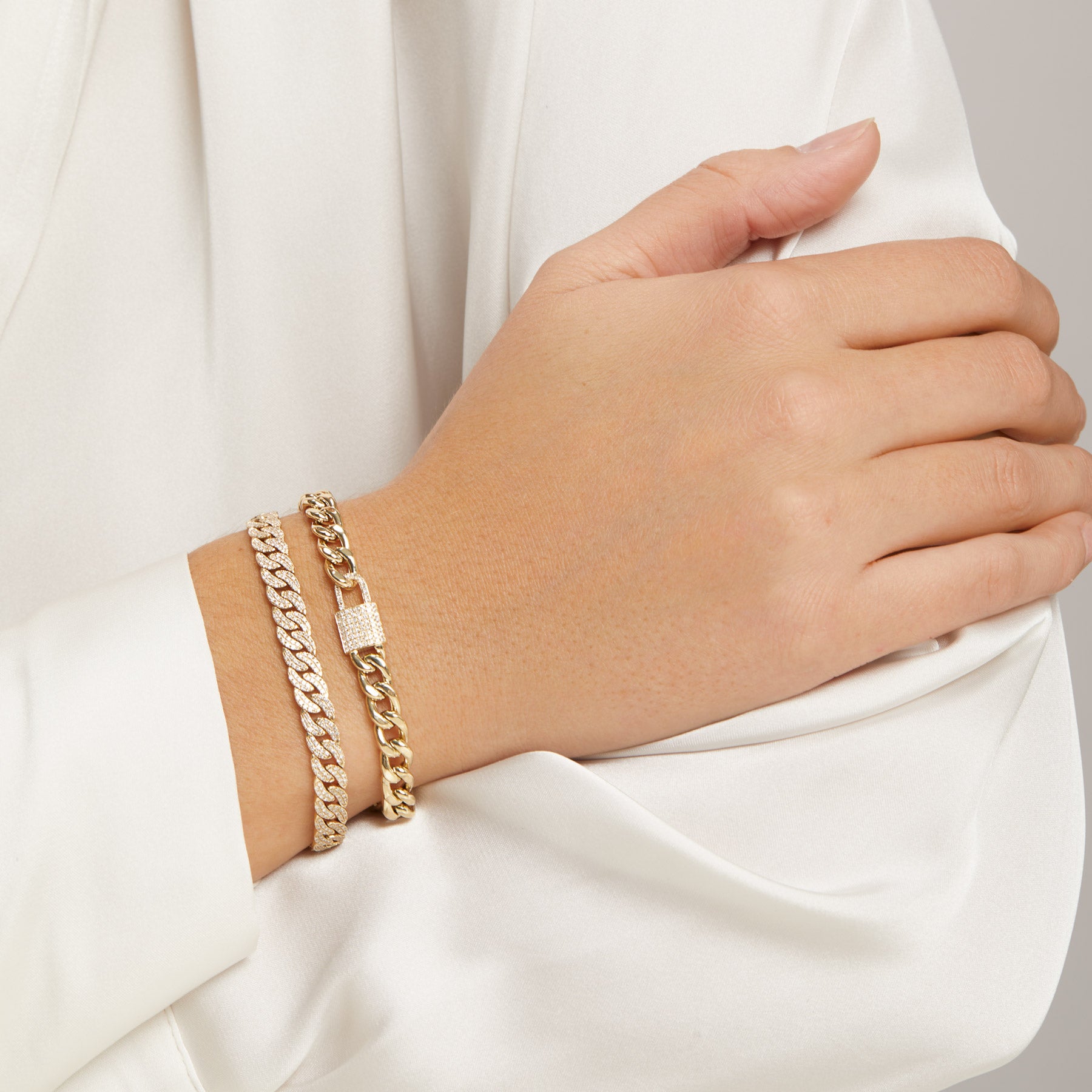 Model wearing 14KT White Gold Diamond Lovelock Bracelet