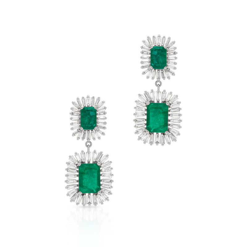 14KT White Gold Emerald Baguette Diamond Fauna Earrings