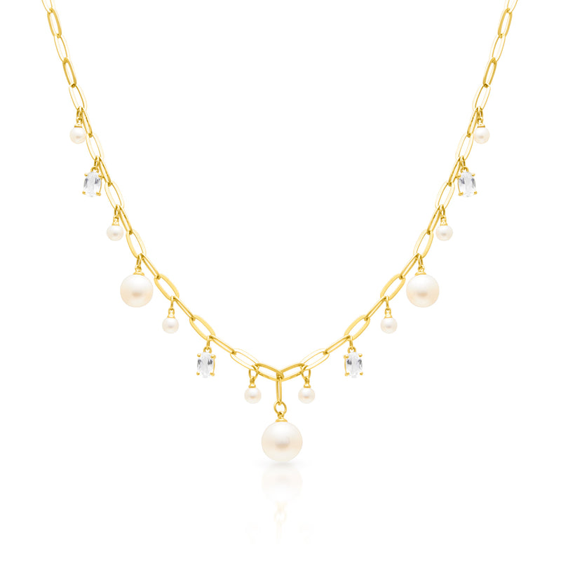 14KT Yellow Gold Pearl Topaz Briolette Chain Link Necklace
