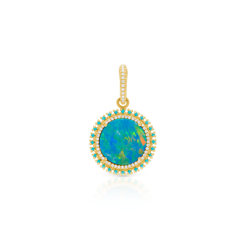 14KT Yellow Gold Opal Turquoise Diamond Round Kai Charm Pendant with Diamond Clip on Bail