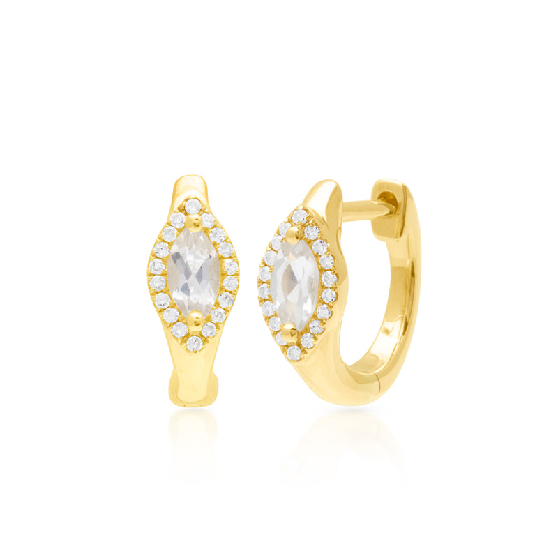 14KT Yellow Gold White Topaz Diamond Marquis Huggie Earrings
