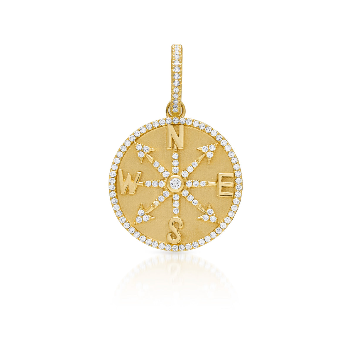 14KT Yellow Gold Diamond Compass Medallion Charm with Diamond Clip on Bail