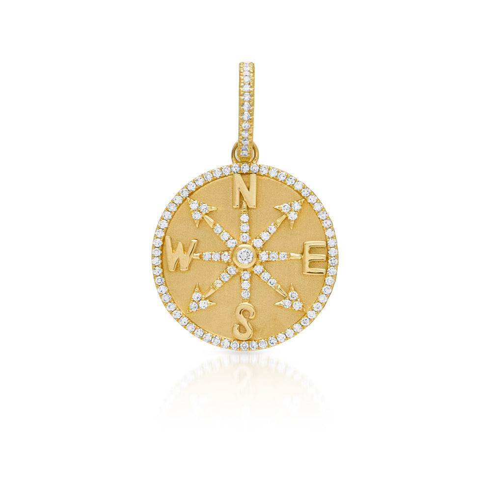 14KT Yellow Gold Diamond Compass Medallion Charm with Diamond Clip on Bail