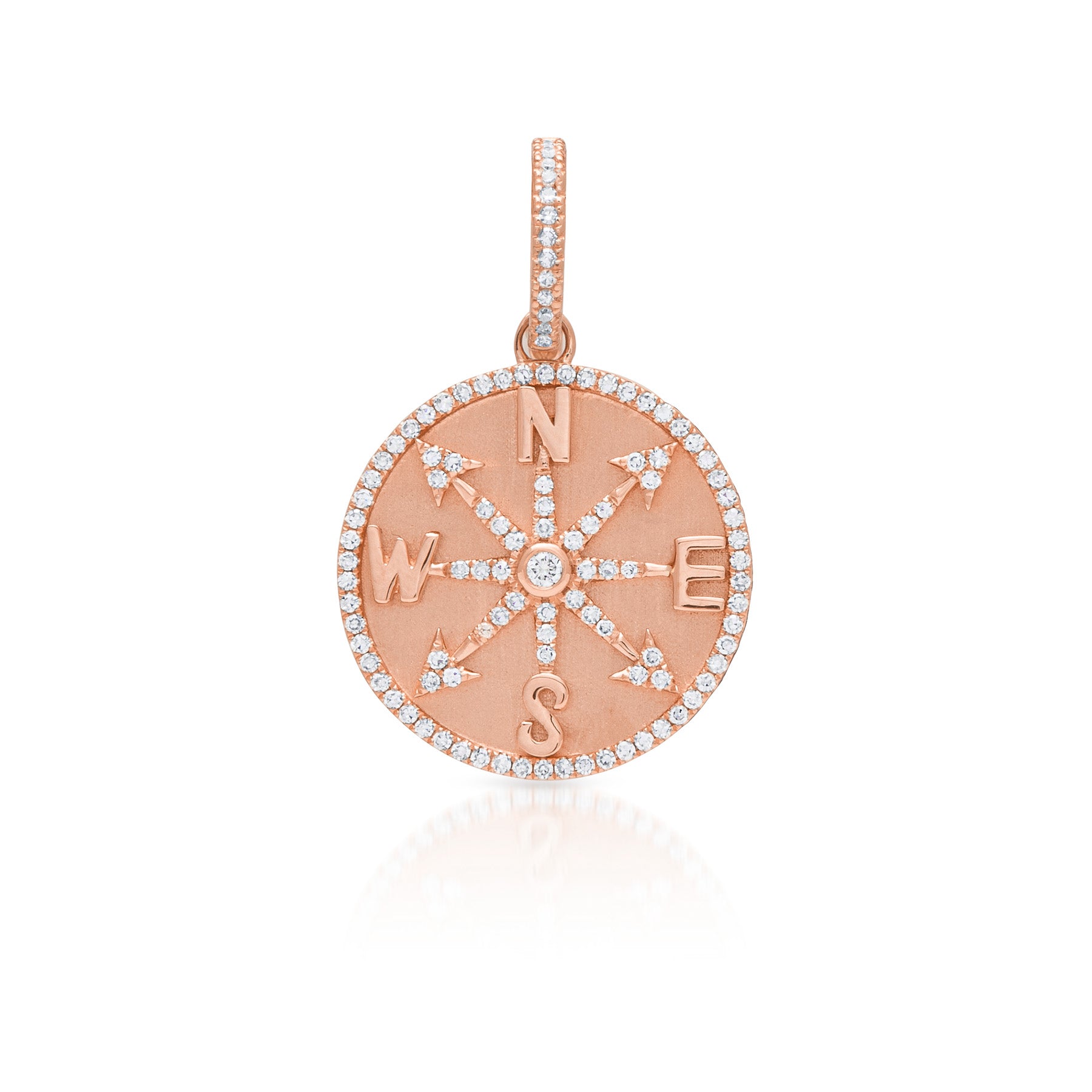 14KT Rose Gold Diamond Compass Medallion Charm with Diamond Clip on Bail