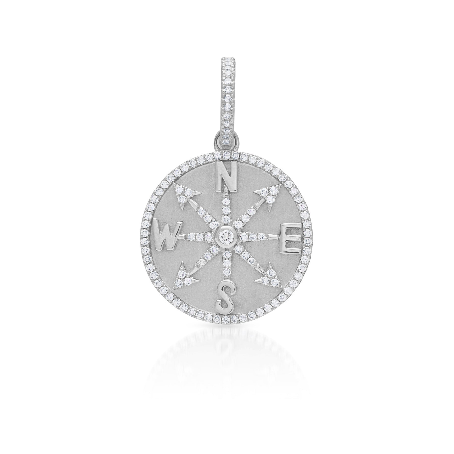 14KT White Gold Diamond Compass Medallion Charm with Diamond Clip on Bail