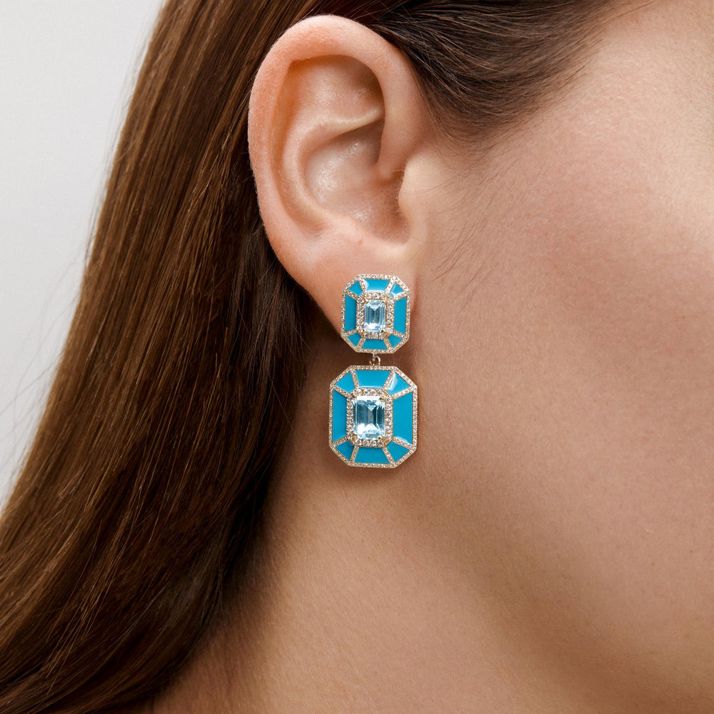 Model wearing 14KT Yellow Gold Blue Topaz Turquoise Enamel Diamond Deco Earrings
