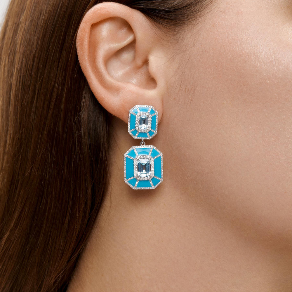 Model wearing 14KT White Gold Blue Topaz Turquoise Enamel Diamond Deco Earrings