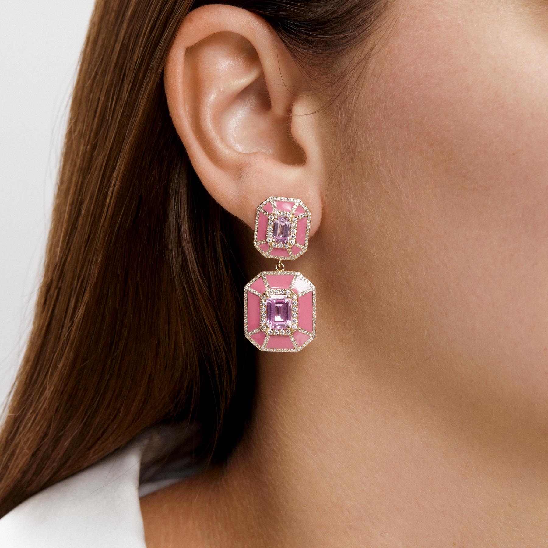 14KT Yellow Gold Pink Topaz Pink Enamel Diamond Deco Earrings