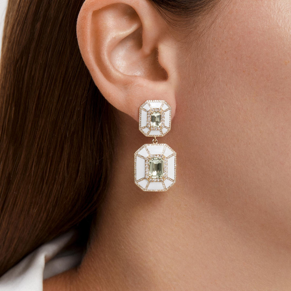 Model wearing 14KT Yellow Gold Green Amethyst White Enamel Diamond Deco Earrings