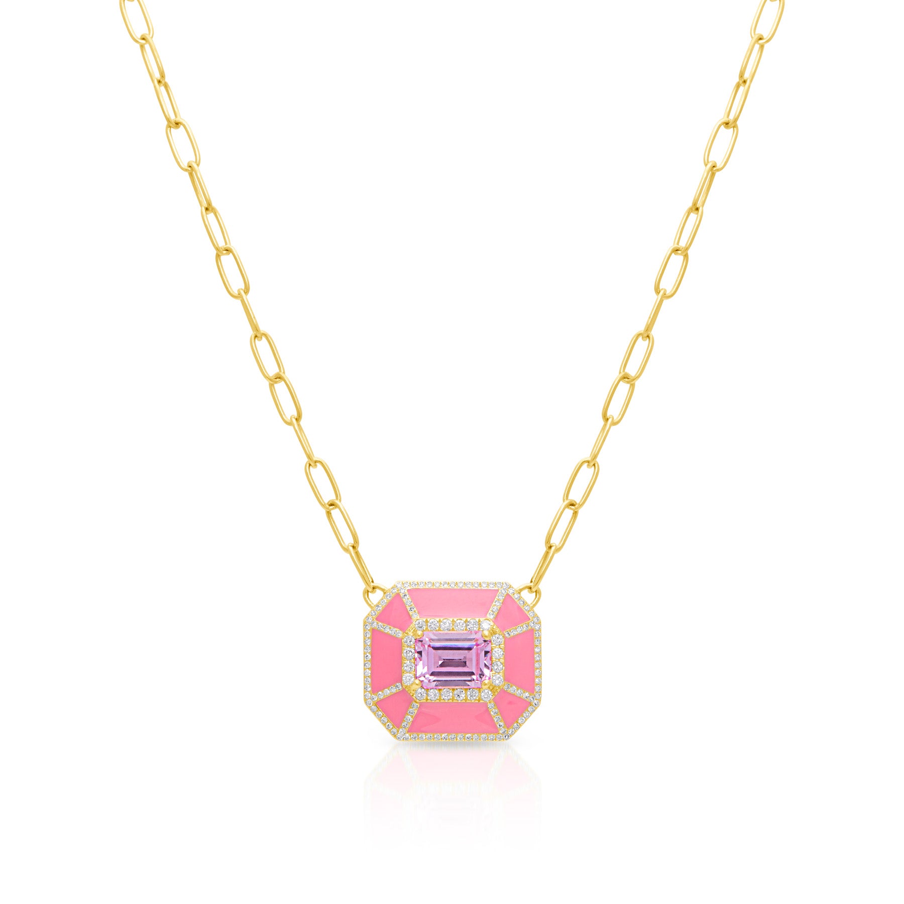 14KT Yellow Gold Pink Topaz Pink Enamel Diamond Deco Necklace