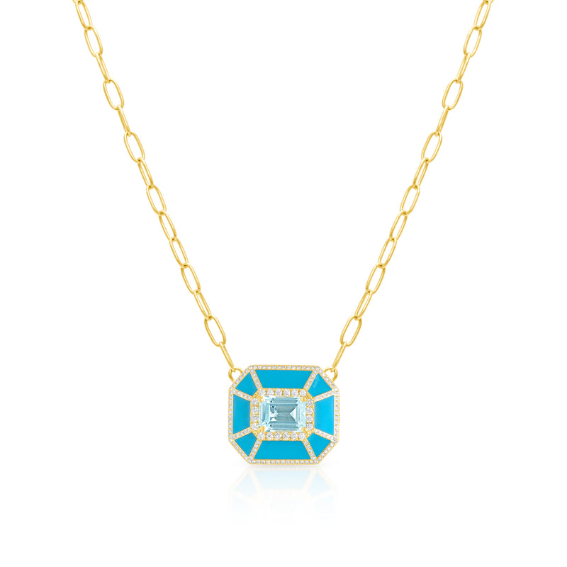 14KT Yellow Gold Blue Topaz Turquoise Enamel Diamond Deco Necklace