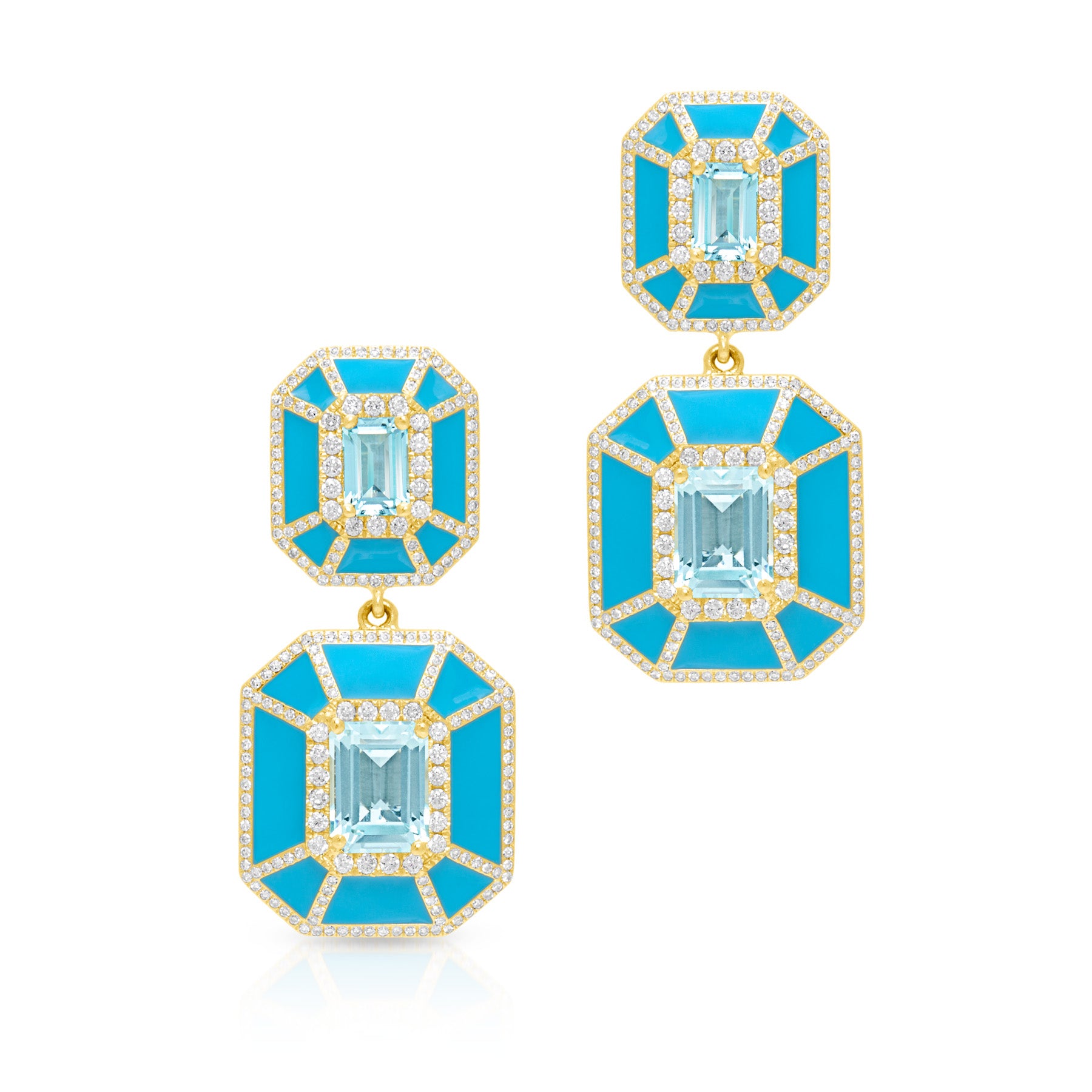 14KT Yellow Gold Blue Topaz Turquoise Enamel Diamond Deco Earrings