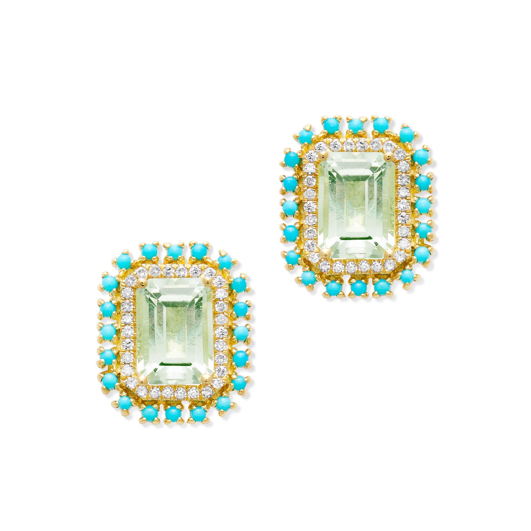 14KT Yellow Gold Green Amethyst Turquoise Diamond Monaco Stud Earrings
