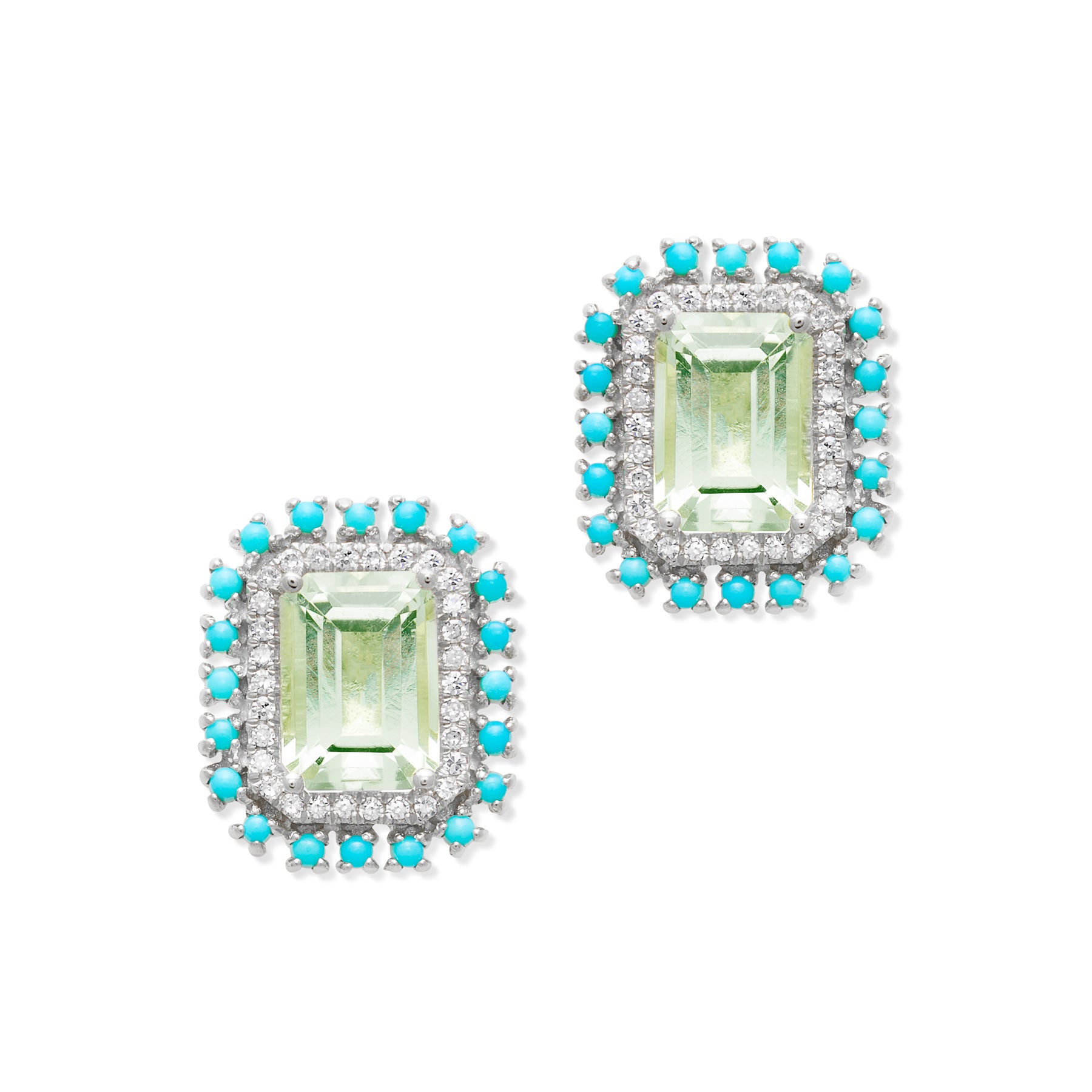 14KT White Gold Green Amethyst Turquoise Diamond Monaco Stud Earrings