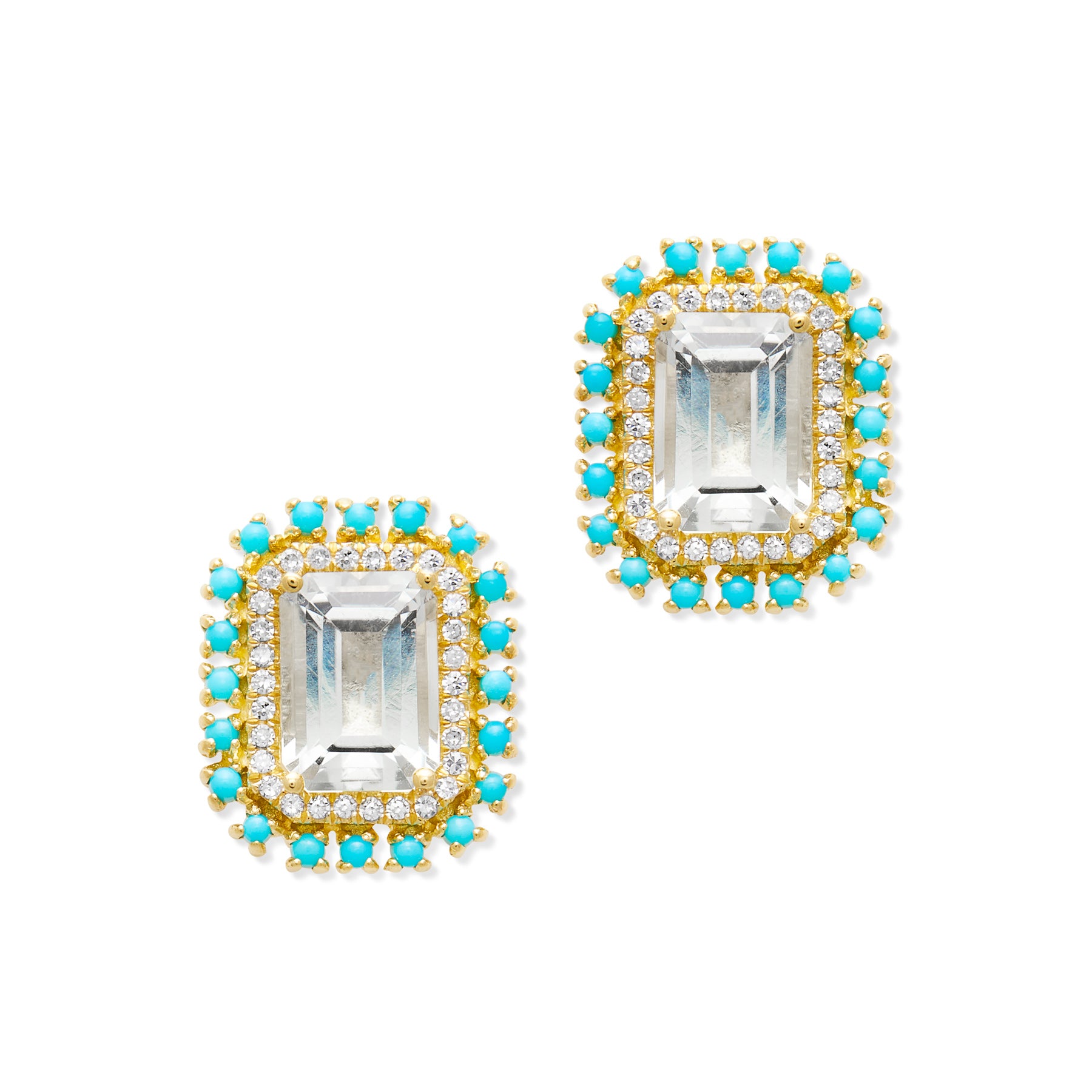 14KT Yellow Gold Topaz Turquoise Diamond Monaco Stud Earrings