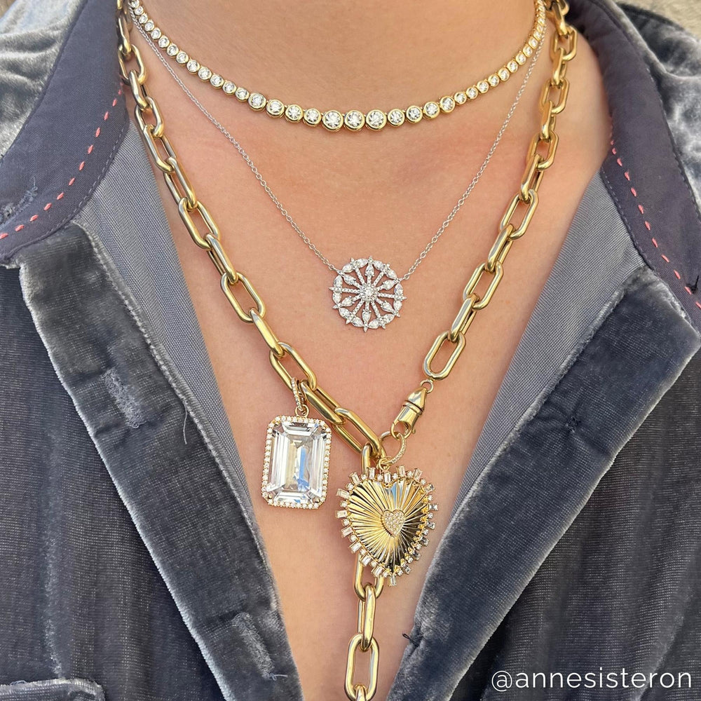 Model wearing 18KT Yellow Gold Diamond Topaz Luxe Jolly Charm Pendant with Diamond Clip on Bail