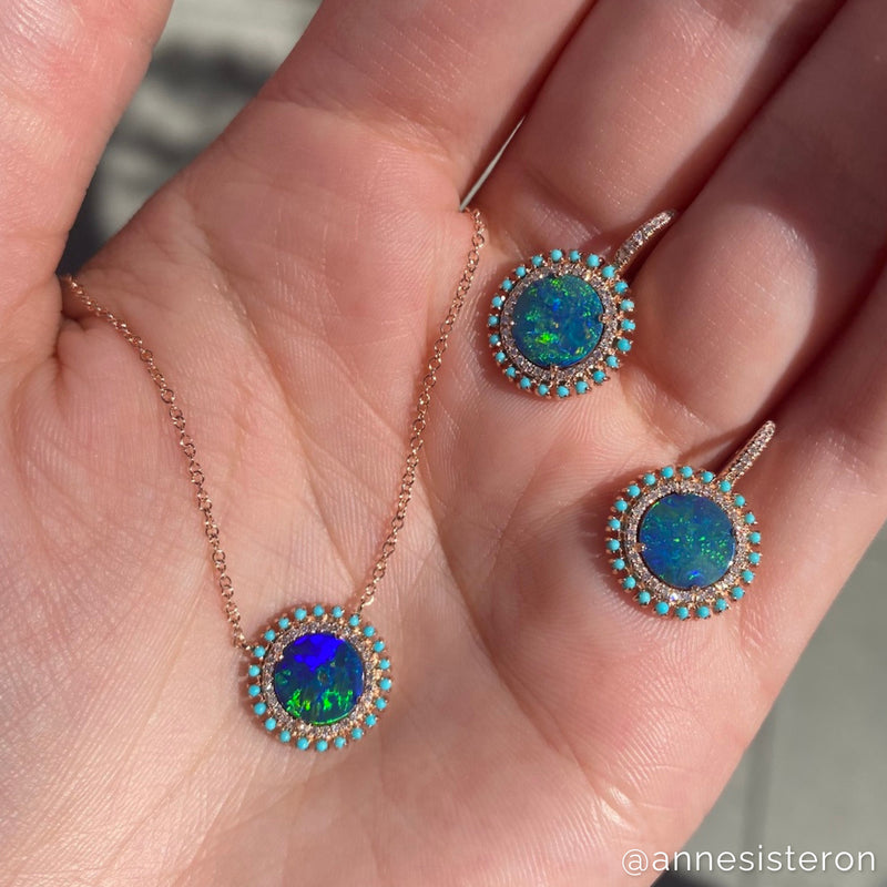 14KT Rose Gold Opal Turquoise Diamond Round Kai Earrings