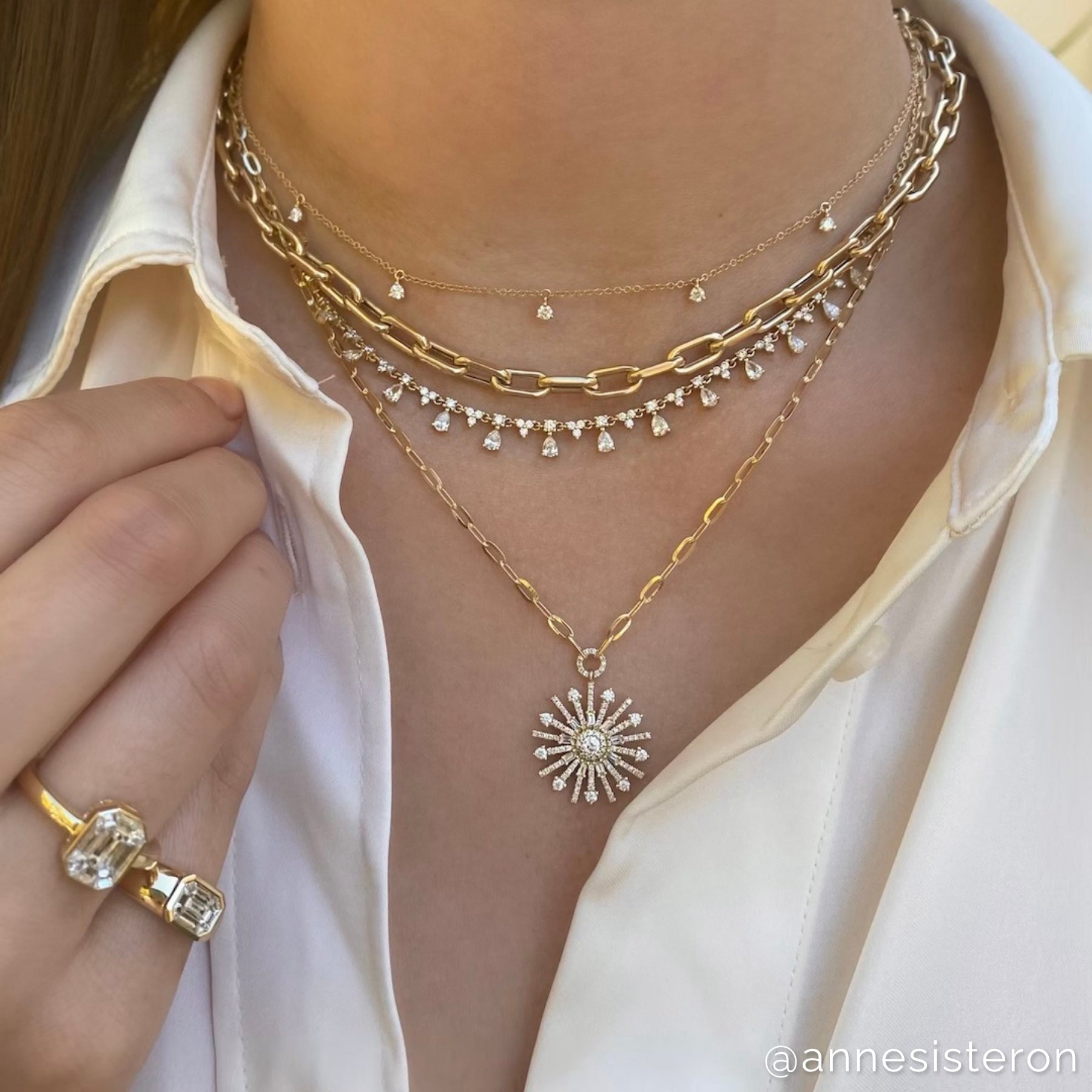 14KT Yellow Gold Diamond Sunburst Chain Link Necklace