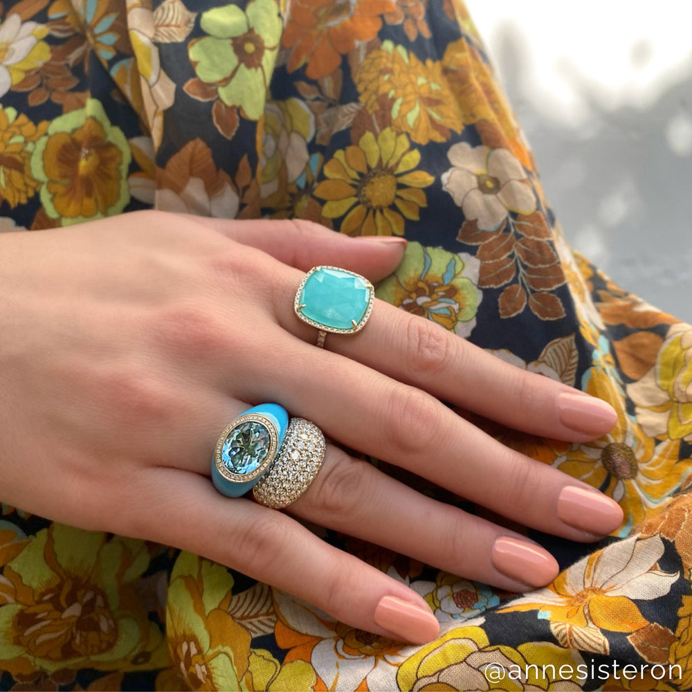 Model wearing 14KT Yellow Gold Diamond Turquoise Doublet Cushion Cut Cocktail Ring