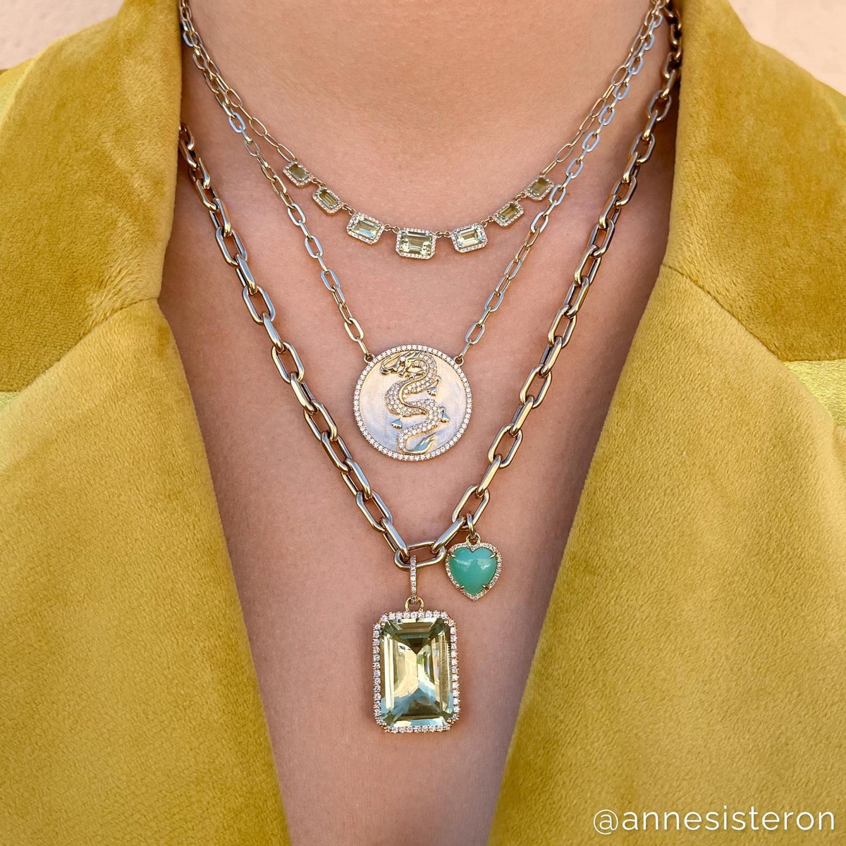 Model wearing 18KT Yellow Gold Diamond Green Amethyst Luxe Jolly Charm Pendant with Diamond Clip on Bail