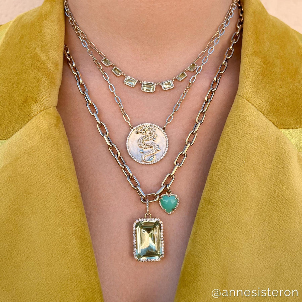 Model wearing 18KT Yellow Gold Diamond Green Amethyst Luxe Jolly Charm Pendant with Diamond Clip on Bail