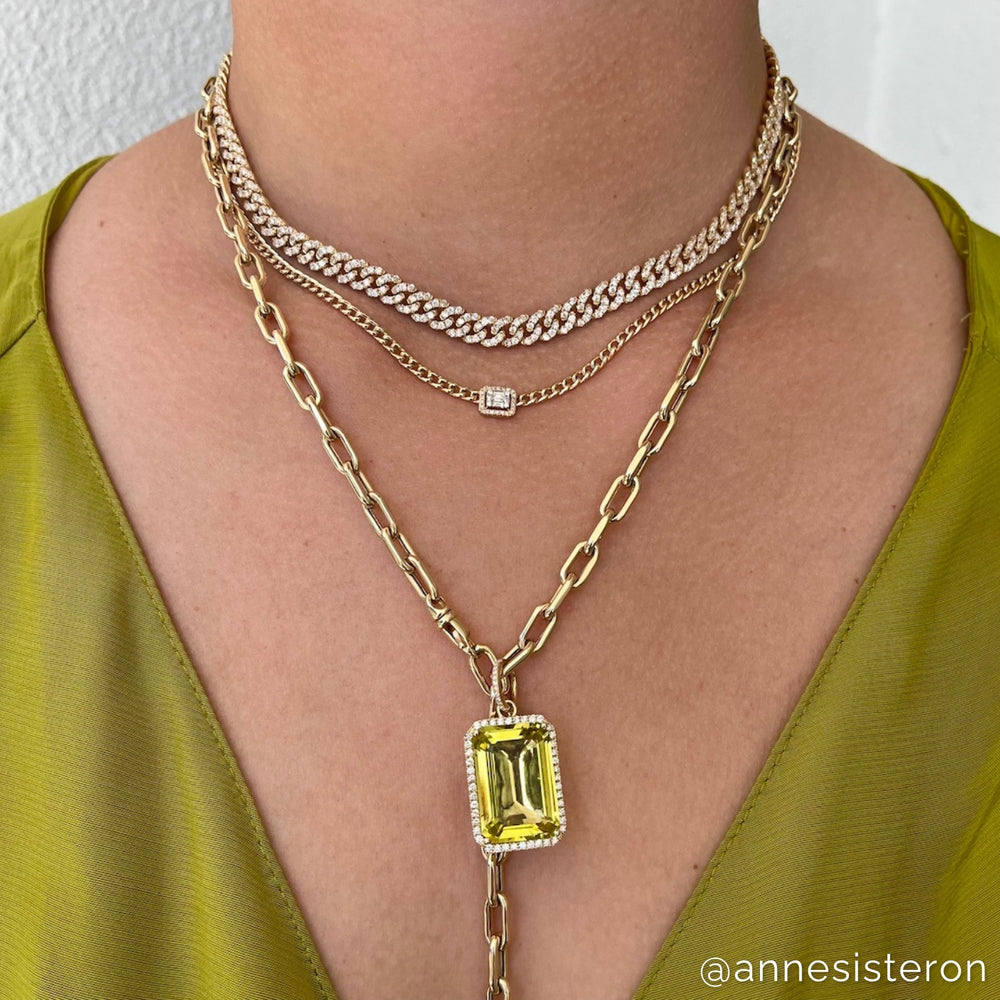 Model wearing 18KT Yellow Gold Diamond Lemon Quartz Luxe Jolly Charm Pendant with Diamond Clip on Bail