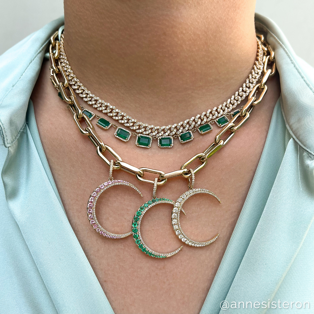Model wearing 14KT Yellow Gold Diamond Lunar Charm Pendant with Diamond Clip On Bail