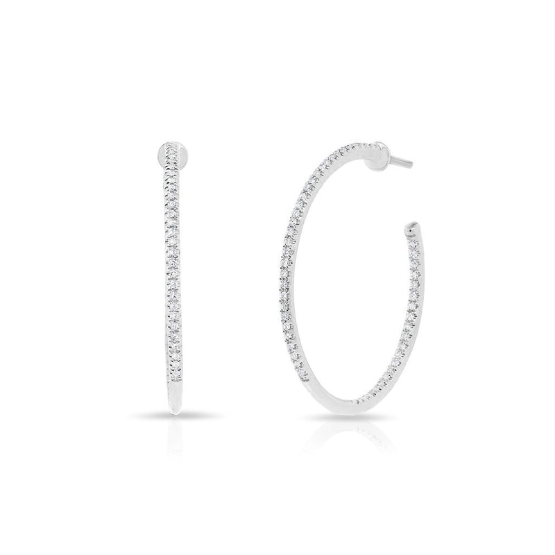 14KT White Gold Diamond 1" Hoop Earrings