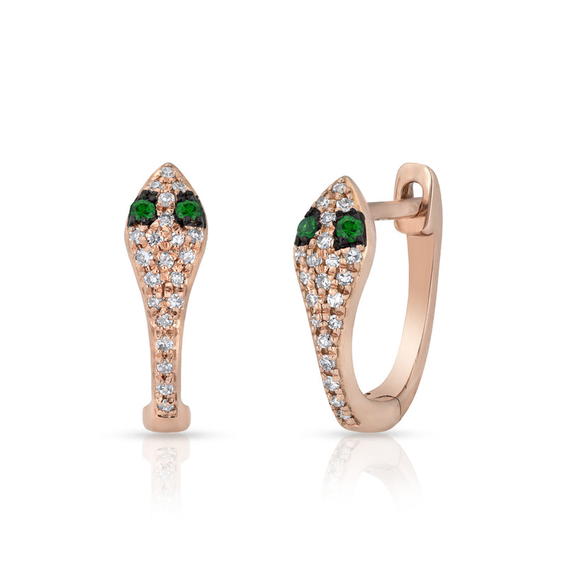14KT Rose Gold Diamond Emerald Snake Huggie Earrings