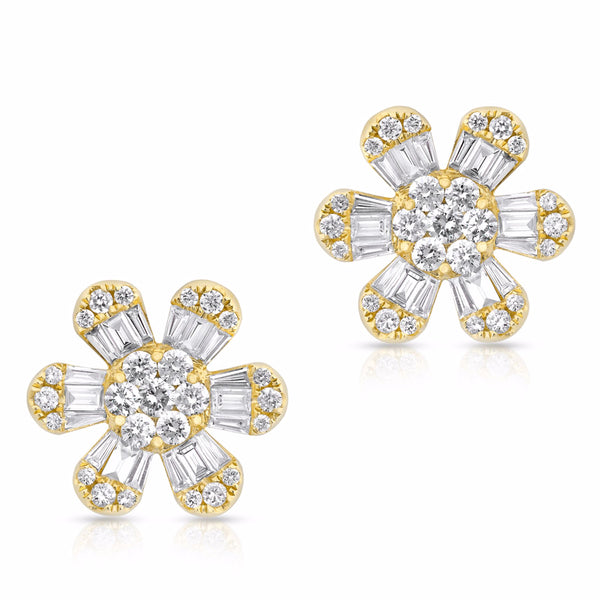 14KT Yellow Gold Baguette Diamond Luxe Large Daisy Earrings