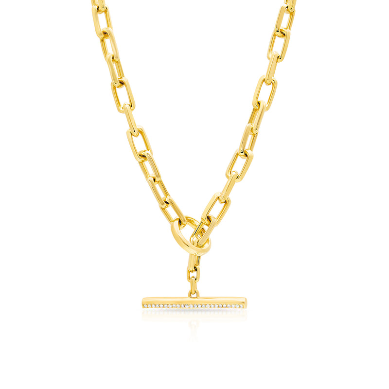 14KT Yellow Gold Baguette Diamond Chain Link Toggle Necklace