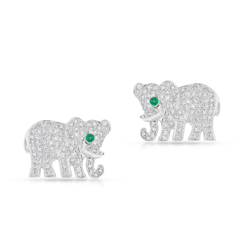 14KT White Gold Diamond Emerald KAAP Elephant Earrings