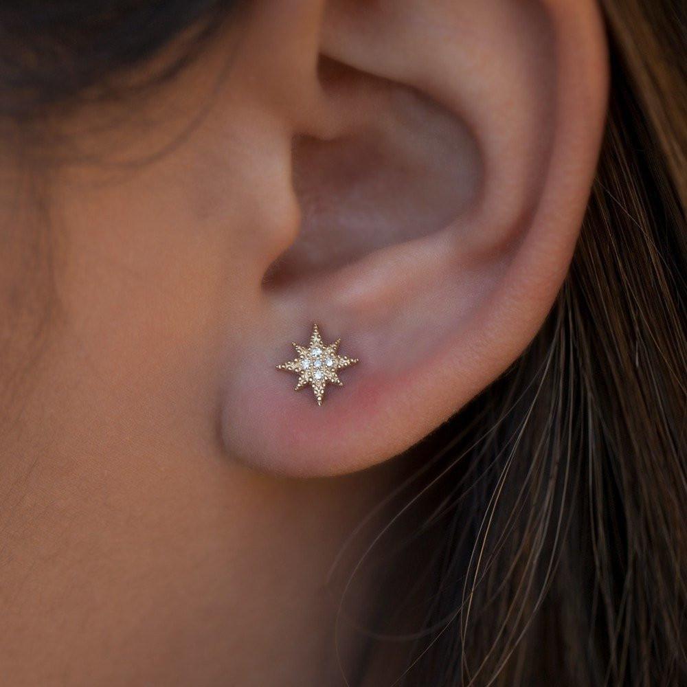 14KT Rose Gold Diamond North Star Stud Earrings-Anne Sisteron