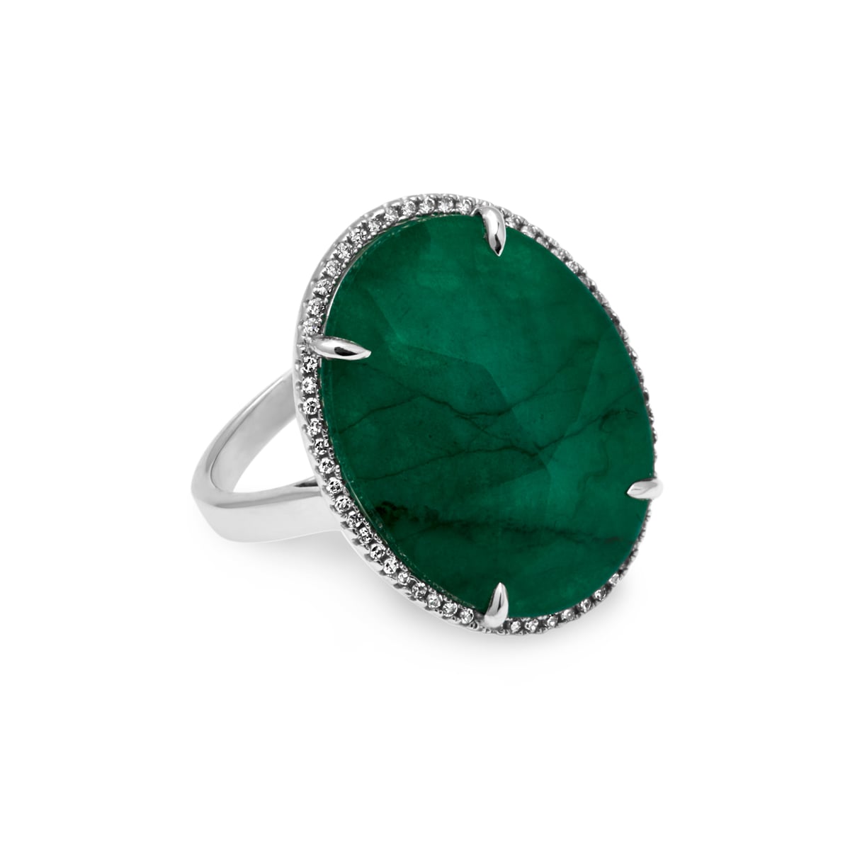 14KT White Gold Emerald Diamond Oval Triplet Cocktail Ring