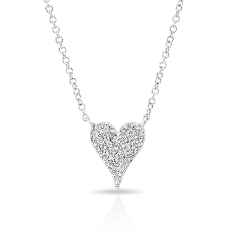 14KT White Gold Diamond Small Modern Pave Heart Necklace