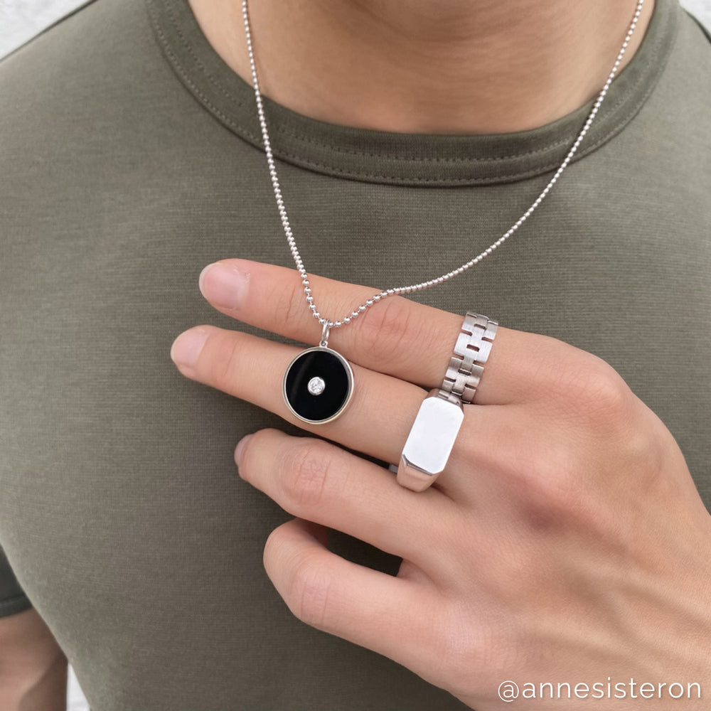 Model wearing 14KT Matte White Gold Elias Band Ring
