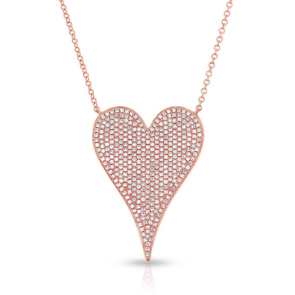 14KT Rose Gold Diamond Large Modern Pave Heart Necklace
