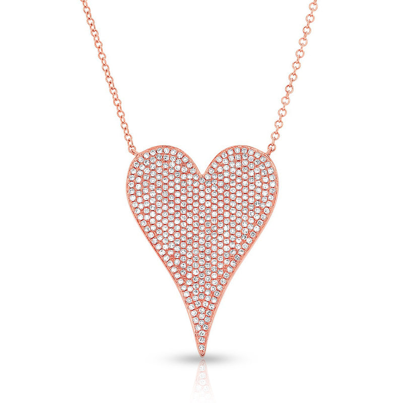 14KT Rose Gold Diamond Large Modern Pave Heart Necklace