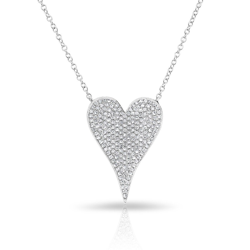 14KT White Gold Diamond Medium Modern Pave Heart Necklace